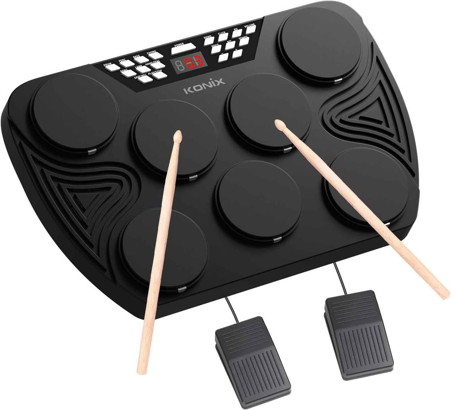 KONIX Electronic Tabletop Drum Set, Portable Electric Drum Kit with 7 Velocity Sensitivity Drum Pads, LED Drum Light, USB-MIDI Mac & PC Support, Ideal Gift for Adult and Beginners