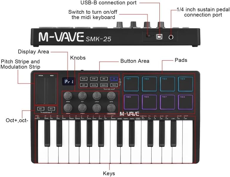 25-Key MIDI Controller Keyboard Mini USB with 8 RGB Backlit Pads, Compact MIDI Pad Sequencer & USB Music Arranger for Studio Recording & Live Performance