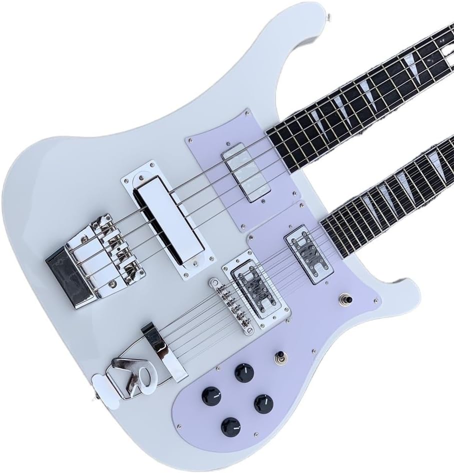 Custom Double Neck 12+4 Strings White body Electric Guitar and Bass with Chrome hardware,White Pickguard,Body binding