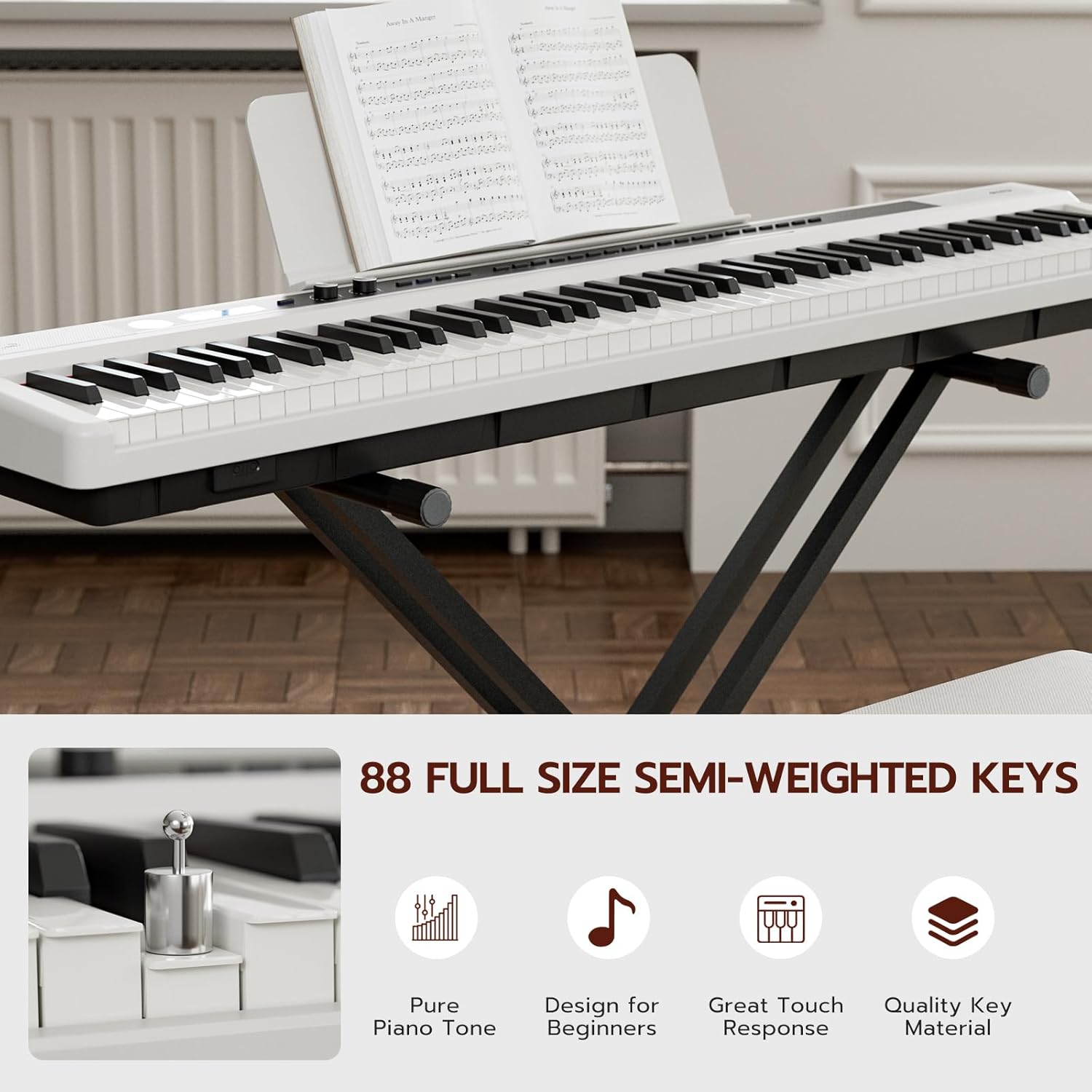 UMOMO UM-724 88 Key Digital Piano Keyboard with Piano X Stand, Full Size Electric Piano with Headphone, 3 Pedal, Electronic Piano for Beginner, Adults, White