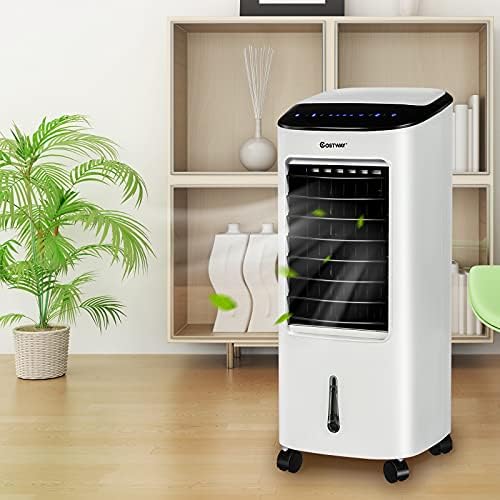 COSTWAY Portable Evaporative Air Cooler for Room, Remote Control, 3-Mode, 7.5H Timer, Include Ice Crystal Boxes, Casters and Water Tank, Bladeless Swamp Cooler for Home Office, Indoor Use, White