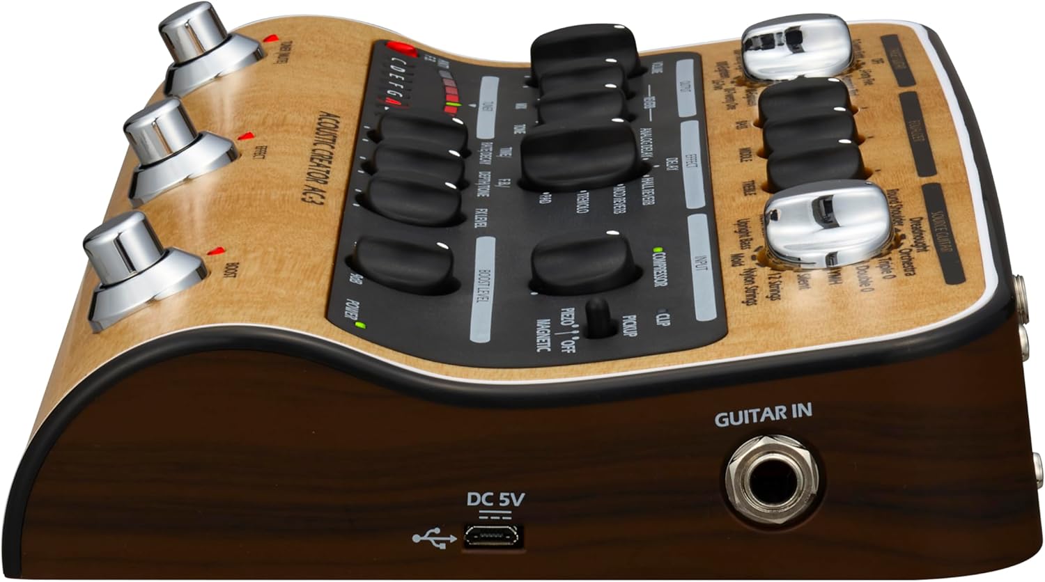 Zoom AC-3 Acoustic Creator, Acoustic DI with Tone Restoration, Acoustic Modeling, 9 effects, Compression, Tuner, Reverb, EQ, and Anti-Feedback