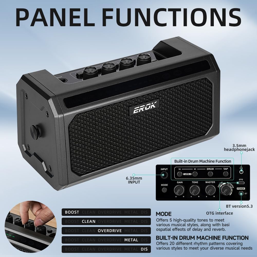 EROK Mini Guitar Amp with BT/OTG - 20 Drum Beats,5 Effects (Clean/Boost/OD/Dist/Metal),Reverb+Delay,Battery Powered Portable Amp for Practice/Travel(TG-08,Black)