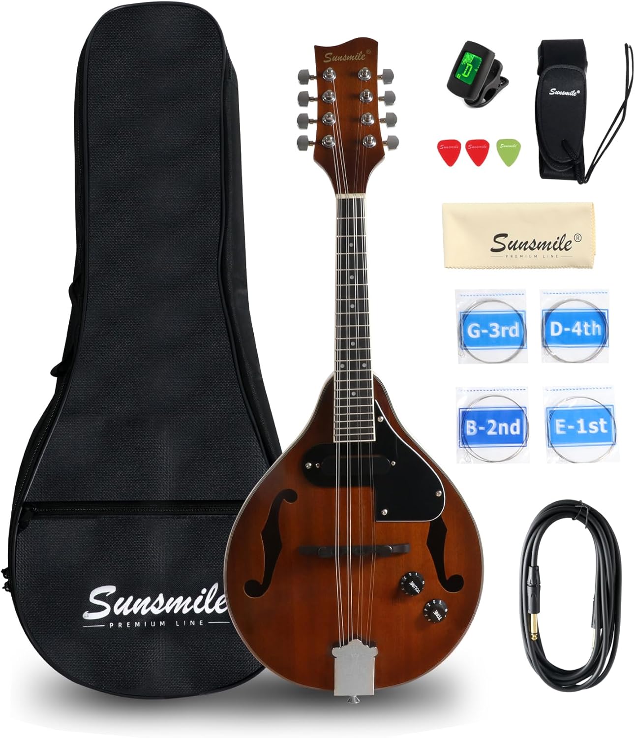 Sunsmile A-Style 8 String Acoustic-Electric Mandolin Instrument with Pickup Sapele Top Arched F Holes Body Okoume Neck Walnut Bridge with Gig Bag, Cable, Tuner, Strings, Strap, Picks and Polish Cloth.