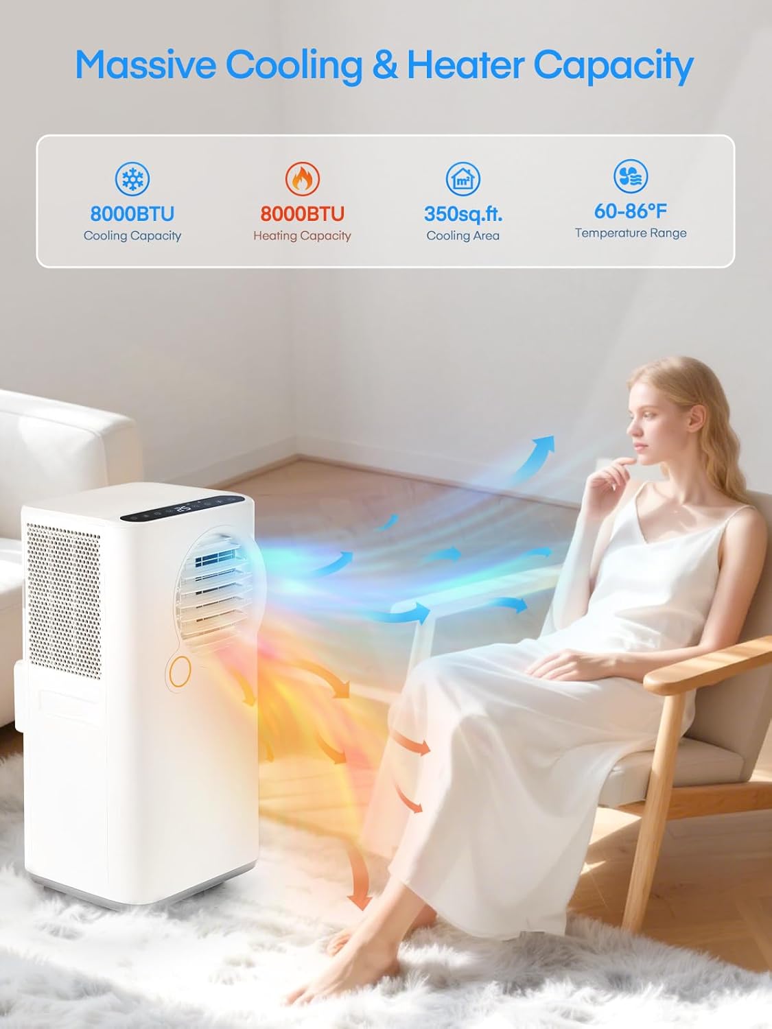 FOHERE 8000 BTU Portable Air Conditioner for Room and Heater up to 365 Sq.Ft, 5 IN 1 All Season AC Portable Air Conditioner with Remote Control and Window Kit Included, White
