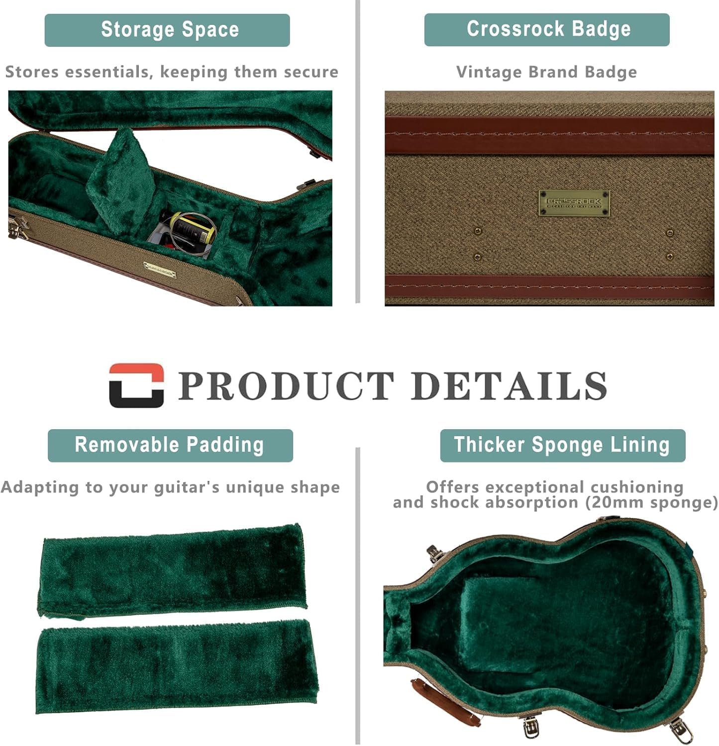 Crossrock Master Series Dreadnought Acoustic Guitar Case for Gibson J-45 / Martin D-Style | Olive Green Eco Tweed Fabric, Re-Engineered Shell, Leather Handle & Forest Green Velvet Interior(CRW720DOG)