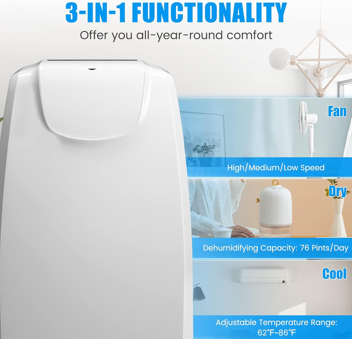 DORTALA Portable Air Conditioner 11,500 BTU, 3 in 1 AC Cooling Unit with Dehumidifier, 24H Timer, Remote Control, Window Kit, Personal Standing AC for Bedroom, Dorm, Cool Rooms up to 400 Sq.Ft