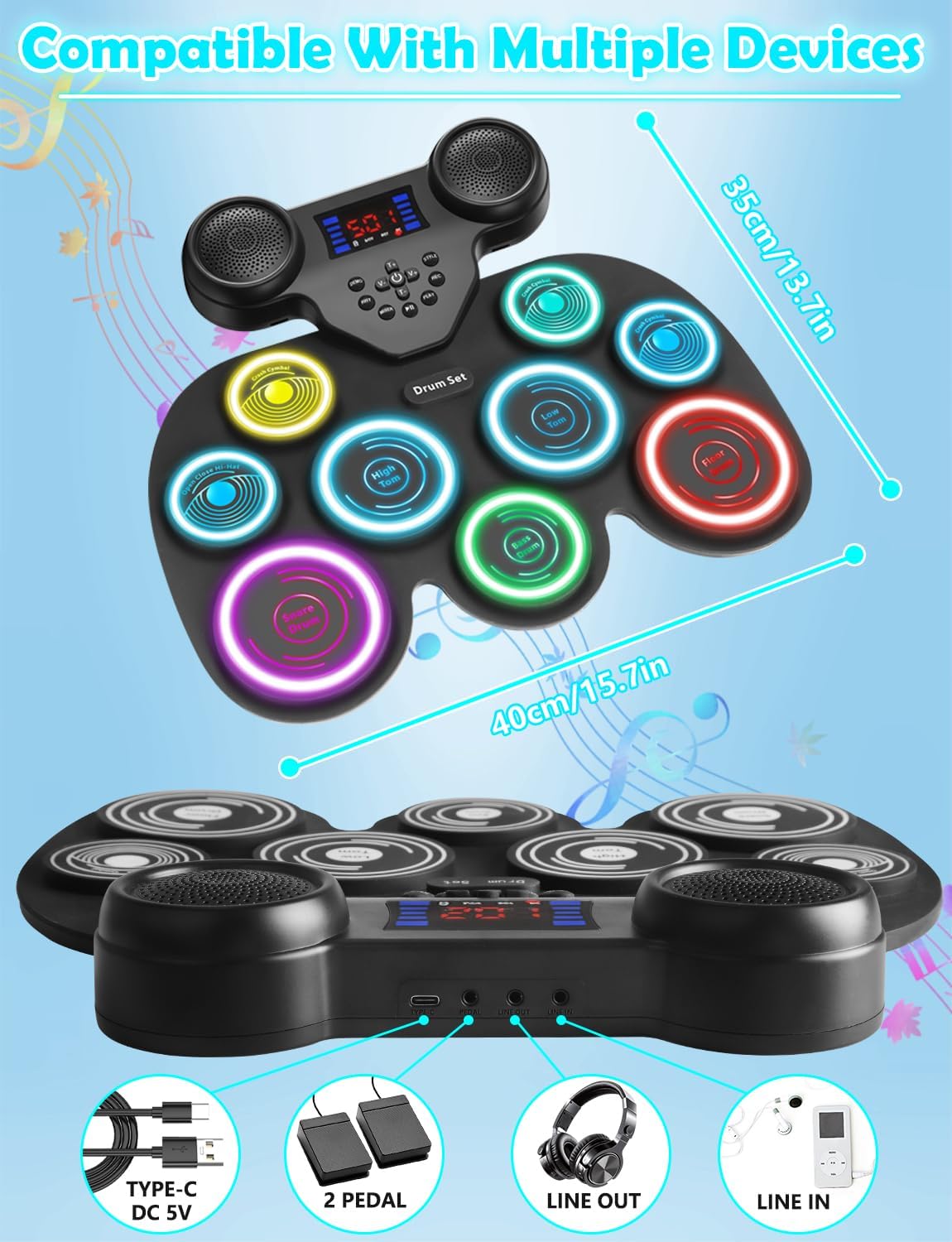 Electric Drum Set with 7-Color Dynamic LED Lights, 9-Pad Electronic Drum Set with Dual Speakers, Bluetooth MIDI, Portable Practice Drum Pad for Kids & Adult Beginners, Christmas Birthday Gift