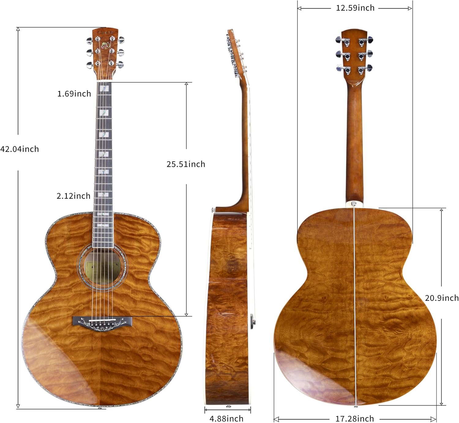 TARIO Antique Jumbo Body Acoustic Guitar Quilted Maple body Maple Neck Natural