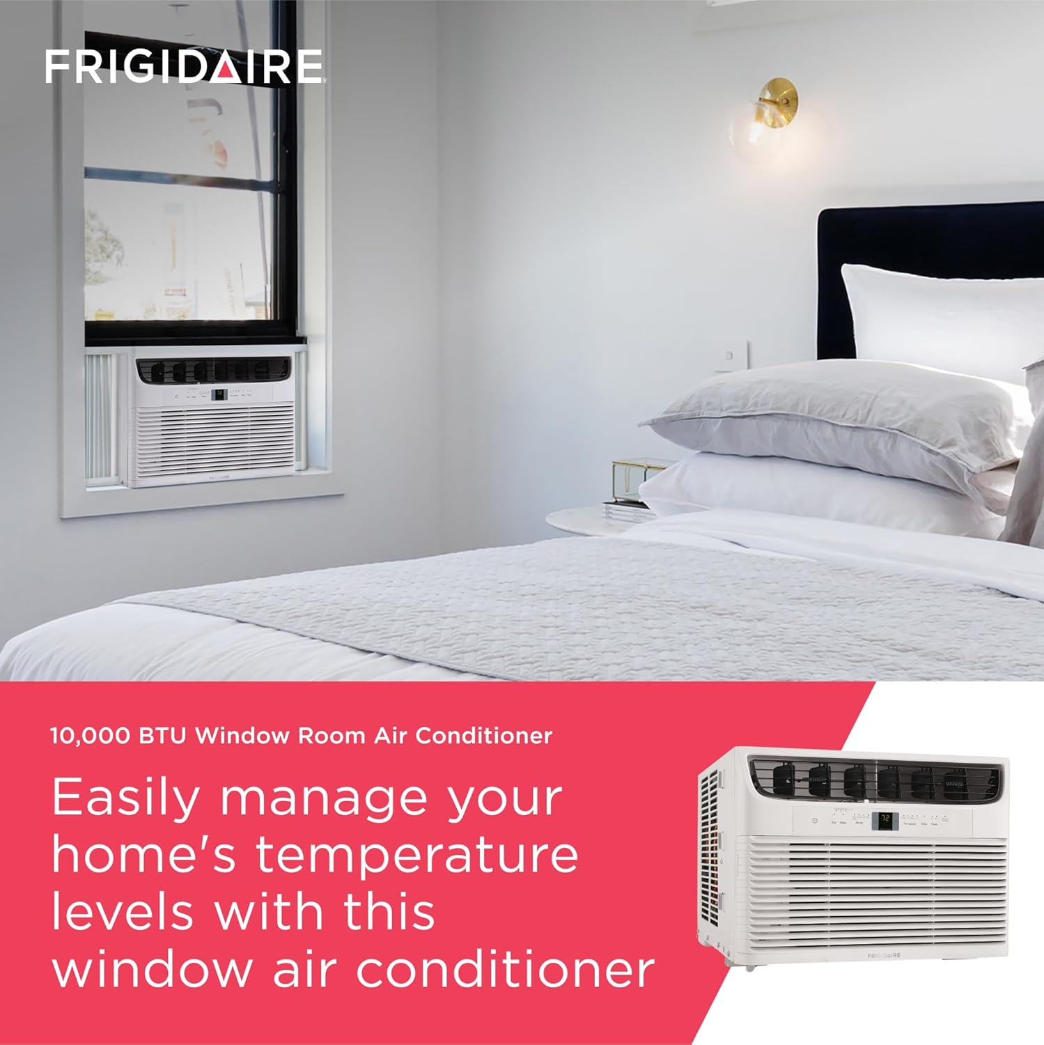 Frigidaire 10,000 BTU Window Air Conditioner with Remote Control, Cools Up to 450 Sq. Ft., Quiet Operation, Eco Mode, 3 Fan Speeds, Auto Restart, White