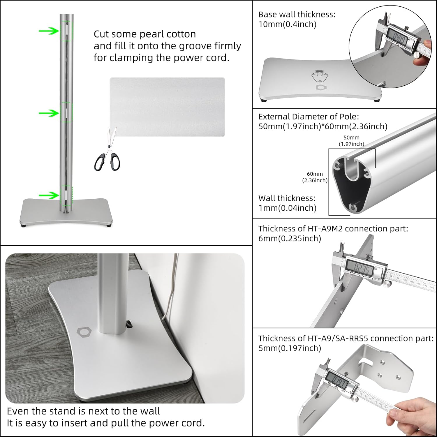 Premium Aluminum Floor Stand for Sony HT-A9M2/HT-A9/SA-RRS5,Universal Fit for Dolby Atmos Speakers, Heavy-Duty Anti-Vibration Design, Cable Management System