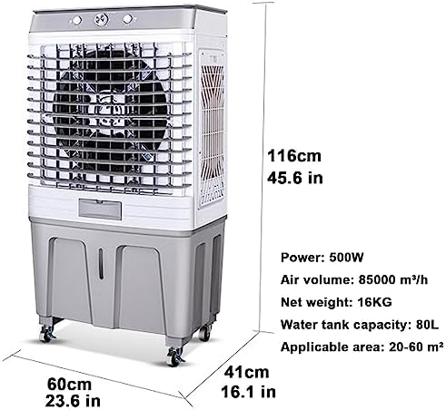Swamp Cooler Air Conditioner, Evaporative Air Cooler, Portable Cooling Fan 16 Gal Water Tank, 3 Speeds, 4 Ice Boxes, 120°oscillation for Room Garage Patio(60x41x116cm/23.6x16x45.6in)