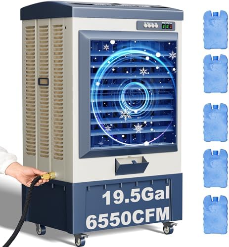Swamp Cooler, 6550CFM Evaporative Air Coolers with 19.5 Gal Tank, Windowless Air Conditioner 3 Speeds for Outdoor Use, 49 Inch Air Cooler Water Fan for Patio, Garage, Shop, Commercial Grey