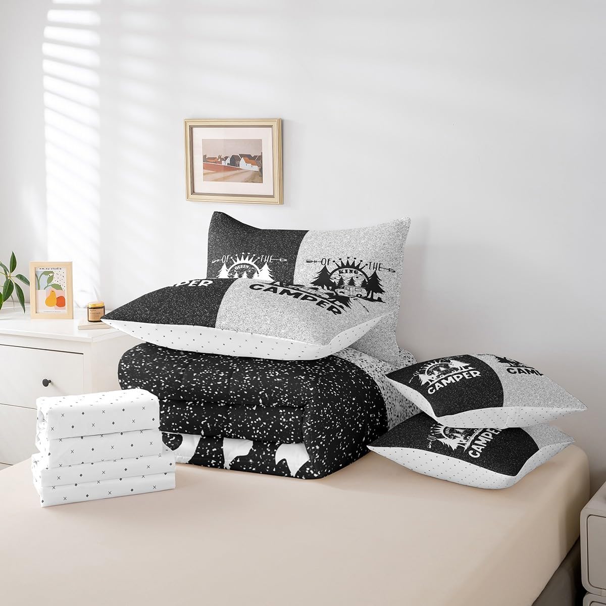 Erosebridal 7 Piece Rustic Camping Queen Bedding Set for Camper,Rv Comforter Set for Travel Trailer Accessories,Kids Adults Woodland Cabin Bed in a Bag with Fitted Sheet,Flat Sheet,Pillowcases