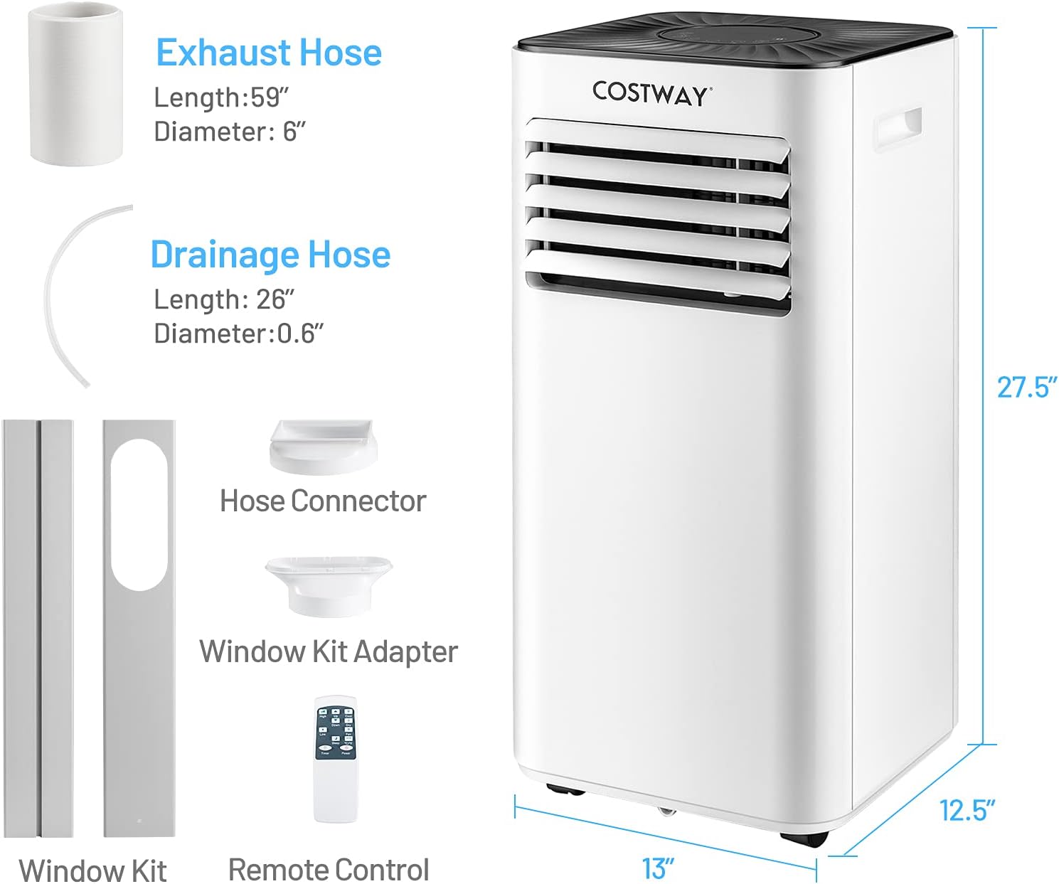 COSTWAY Portable Air Conditioner 10000BTU, Dehumidifier, Cooling for Room Spaces up to 350 Sq.Ft with 3 Speed Function, Universal Casters, 24H Timer, Remote Control, for Bedroom