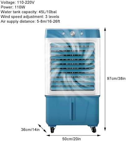 Portable Air Conditioners, Swamp Cooler, Wide-angle Air Supply, 3 Ice Curtains, Quiet Operation, for Bedroom and Office, with 45L/10bal Water Tank