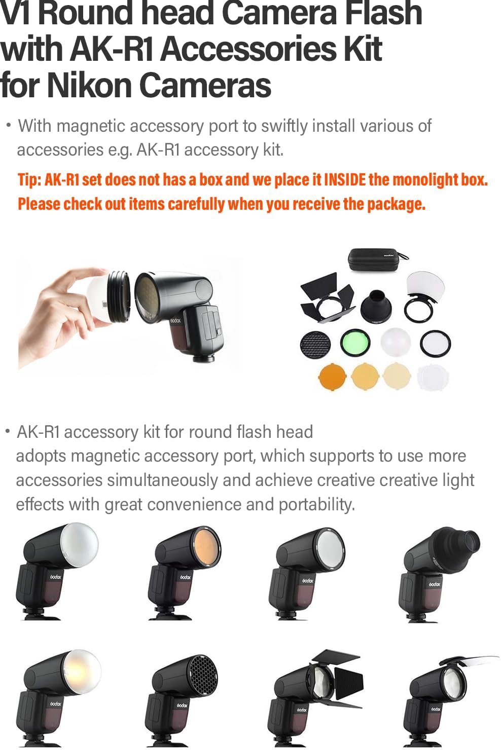 Godox V1 V1N Camera Flash with AK-R1 Accessories Kit for Nikon, V1-N 76Ws 2.4G TTL HSS Flash Speedlite Speedlight Kit with Diffusion Dome, 4 Filters, Snoot, Honeycomb Grid, 4-Way Barn Door