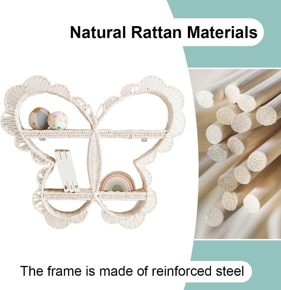 Natural Rattan Floating Shelves, Papillon Shape Book Shelf, Wicker Floating Shelves for Wall, Multi-Purpose Shelves for Living Room, Bedroom, Study(Natural)