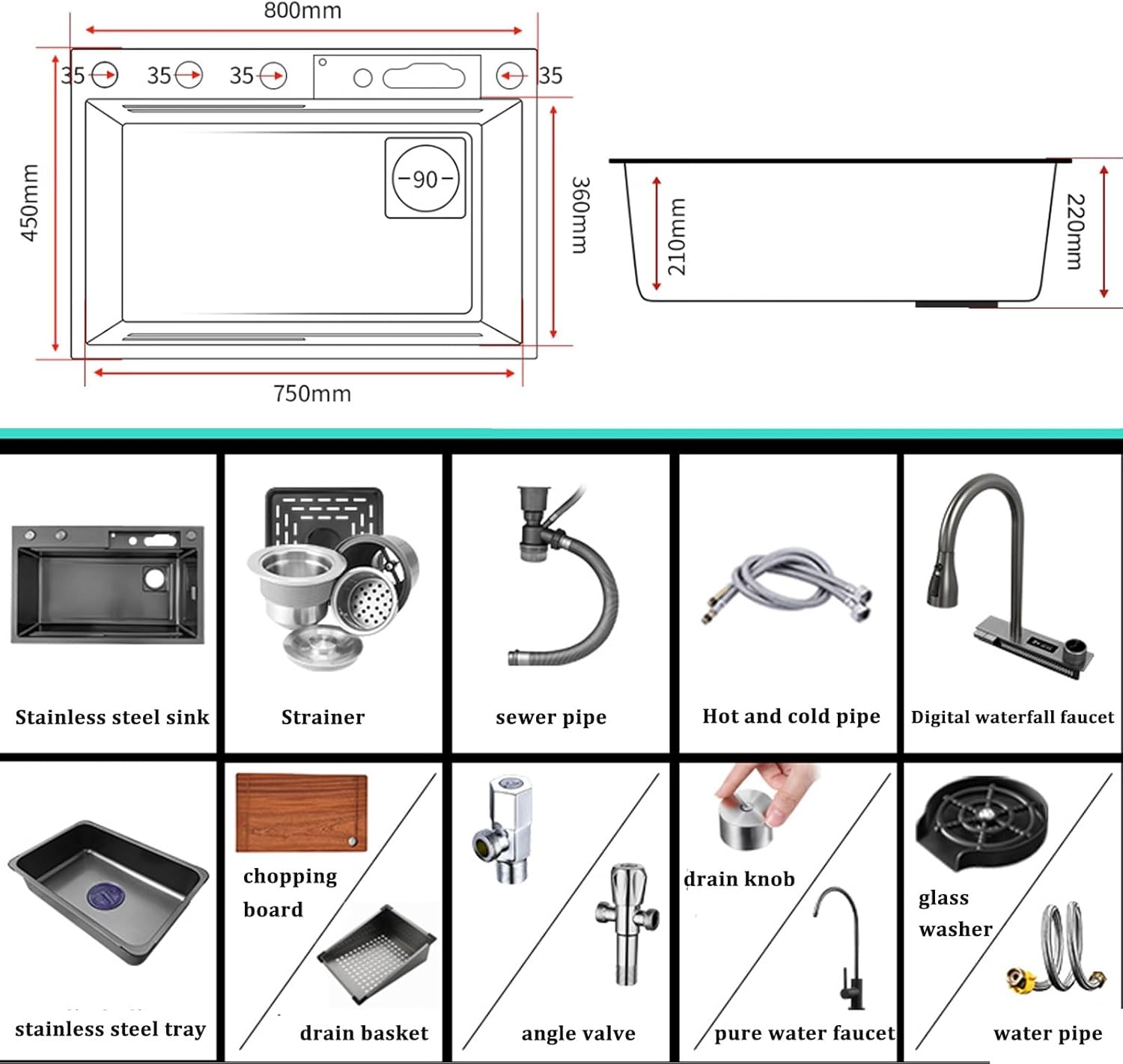 Kitchen Sink Tap,Black Kitchen Sink Digital Waterfall Faucet 304 Stainless Steel Sink Large Single Bowl Sink Including Cup Washer and Other Accessories (80x45x22cm)