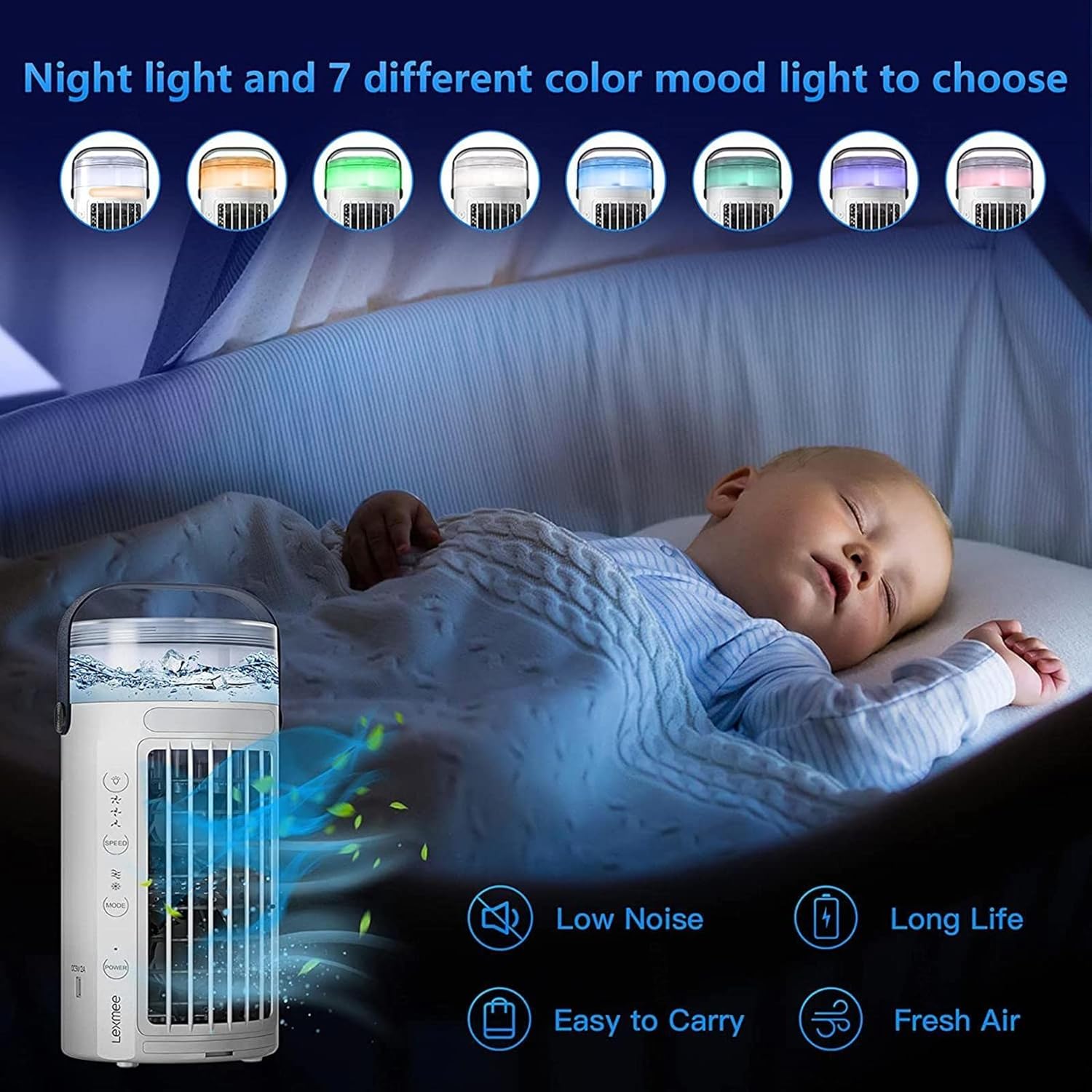 Portable Air Conditioner Cooler, Usb Fan 3 In 1, Seven-color Led Light 3-speed Adjustment, Bedroom Office Use, Mini Dehumidifier Purifier