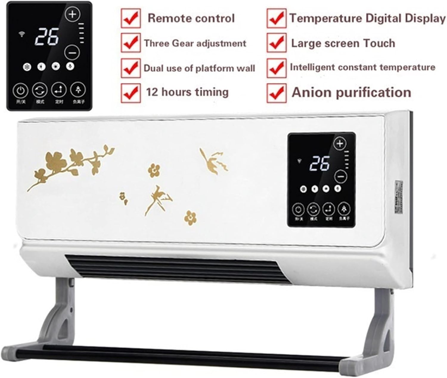 Space Heater 2000W Wall Mounted Air Cooler Conditioner Heater Fan Heating Cooling Room Bathroom Waterproof Remote Timing Air Conditioning Fan Electric Heaters, Gold