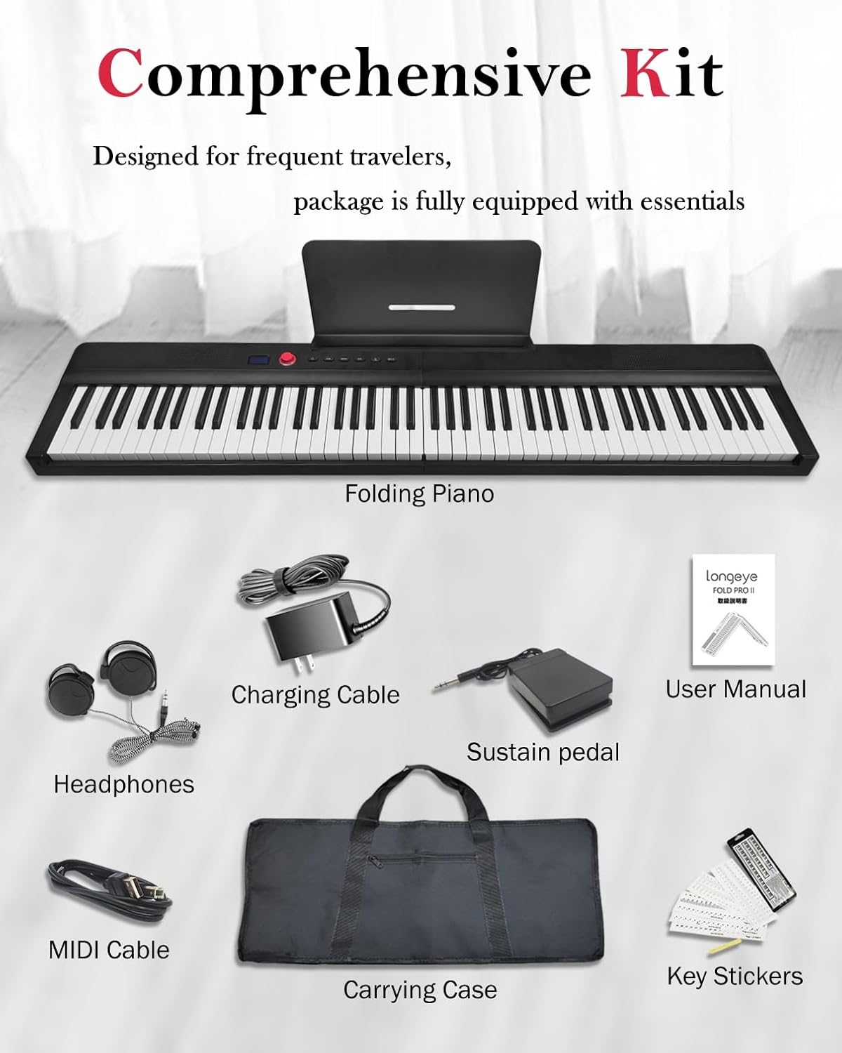 Longeye Foldable Piano Keyboard 88 Key Folding Piano Portable Electric Keyboard Semi Weighted Digital Piano for Beginners with Headphone, Sustain Pedal, Music Rest, Carry Case (Enhanced Sound)