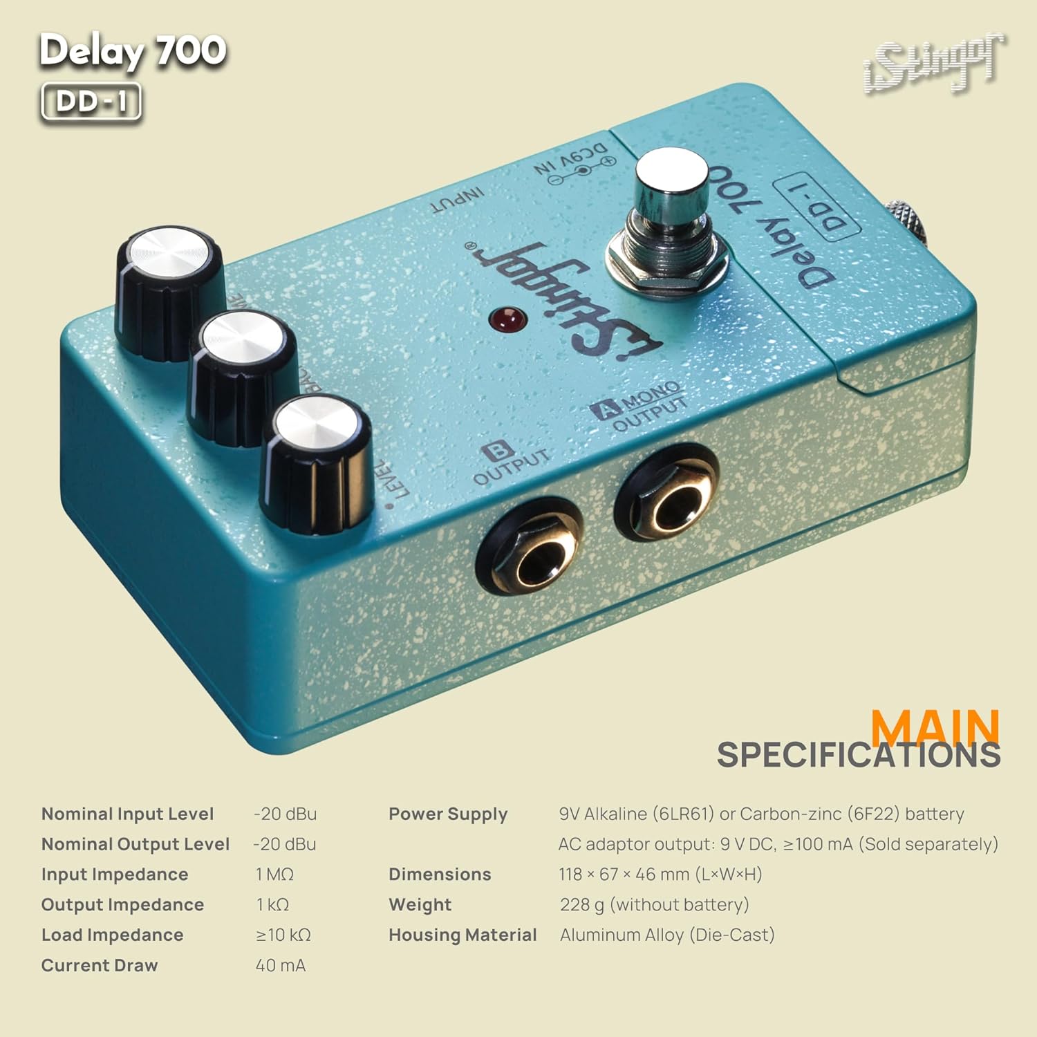 Analog-Style Delay Effects Pedal DD-1, Delay 700 Delay Pedal for Electric Guitar, Vintage BBD Emulation, 30-700ms Range, Stereo/Mono Output, Noiseless Switching, Tube-like Warmth