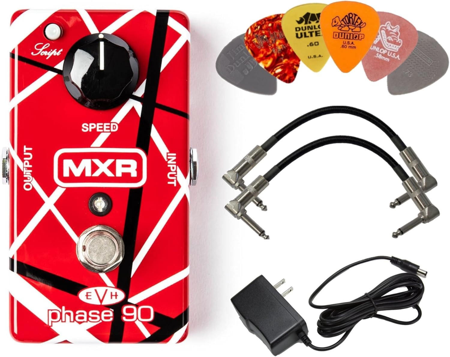MXR EVH90 Phase 90 Effects Pedal Bundle w/2 Patch Cables, 9V Power Supply, and 6 Assorted Dunlop Picks
