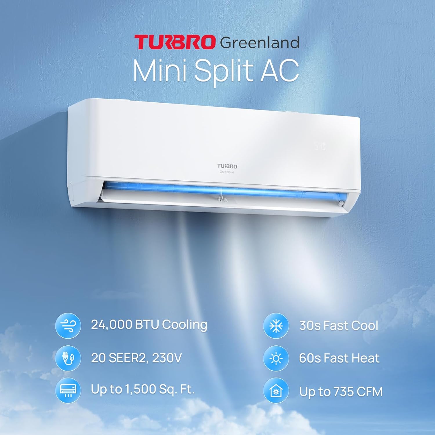 TURBRO 24,000 BTU Ductless Mini Split Inverter AC with Heat Pump, 23 SEER2, 230V, Energy Star, WiFi-Enabled, R454B, Cools up to 1,500 Sq.Ft，R454B，Greenland Series