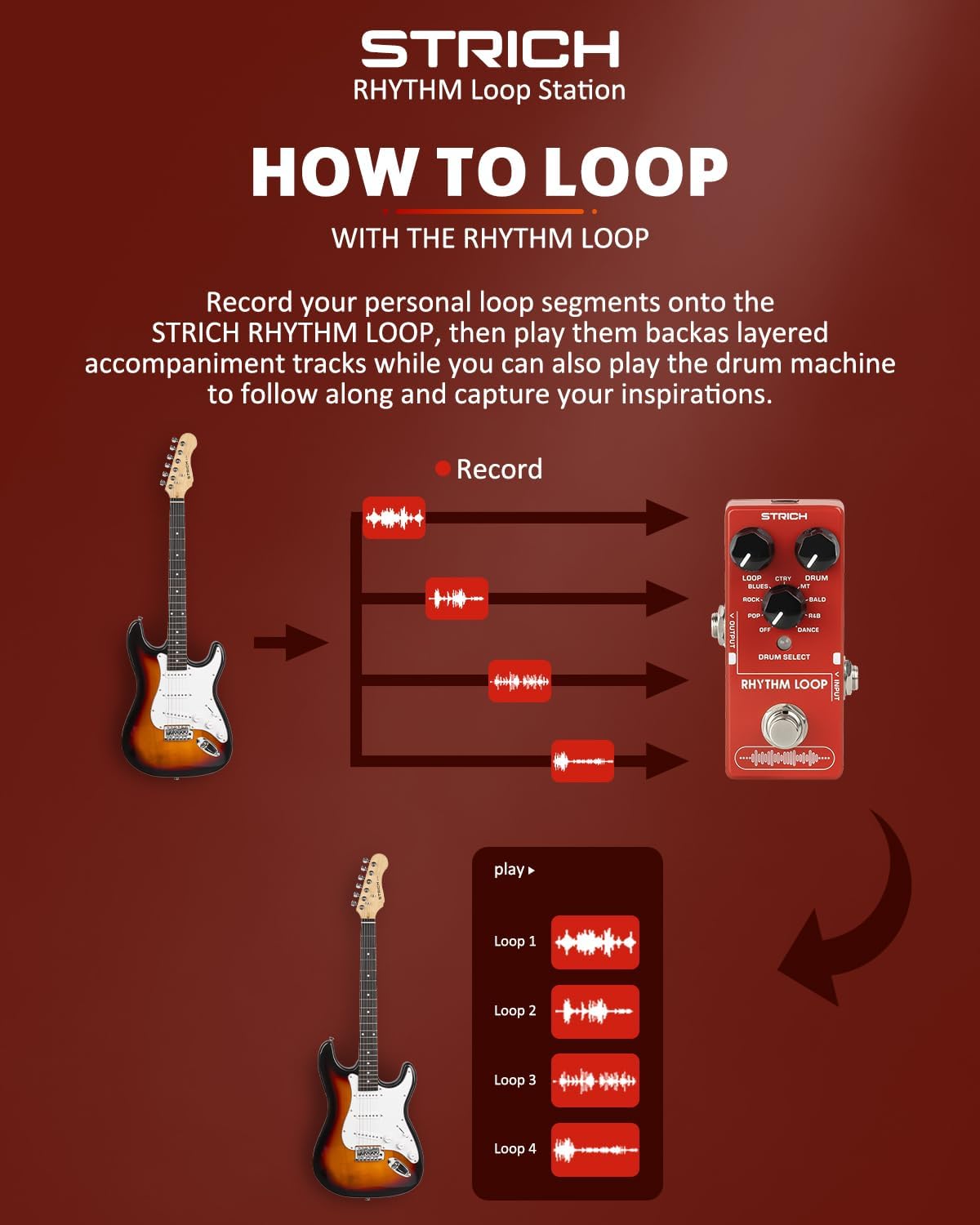 STRICH SL-03 Rhythm Loop Guitar Pedal 360s Phrase Looper (Unlimited Overdubs), Stereo Looper Pedal Guitar Pedal with Built-in Drum Machine, 100 Diverse Drum Patterns, 160 Minutes Recording Time
