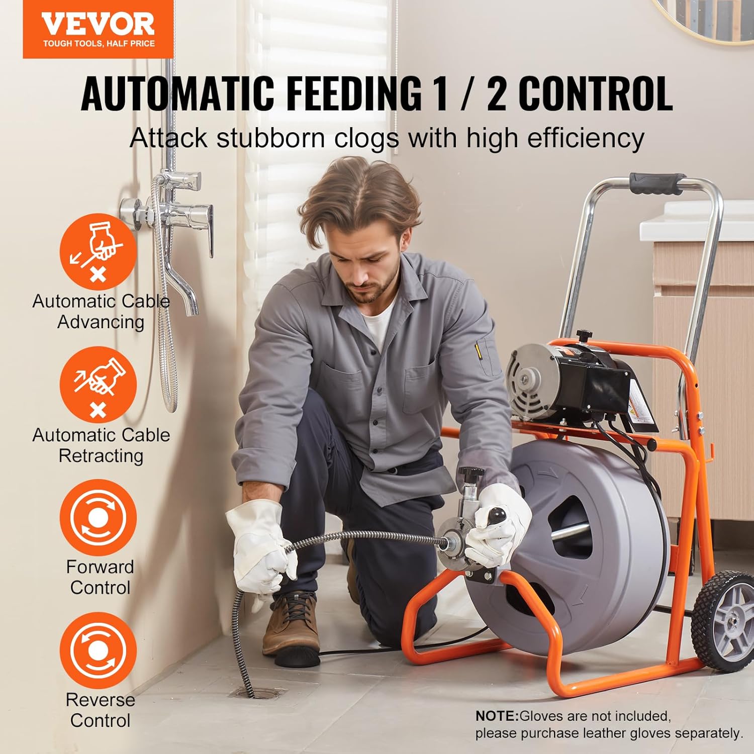 VEVOR Drain Cleaner Machine 75FT x 1/2 Inch, Auto Feed Sewer Snake Drain Auger on Wheels, Portable Drain Cleaning Machine with 8 Cutters & Air-activated Foot Switch for 2