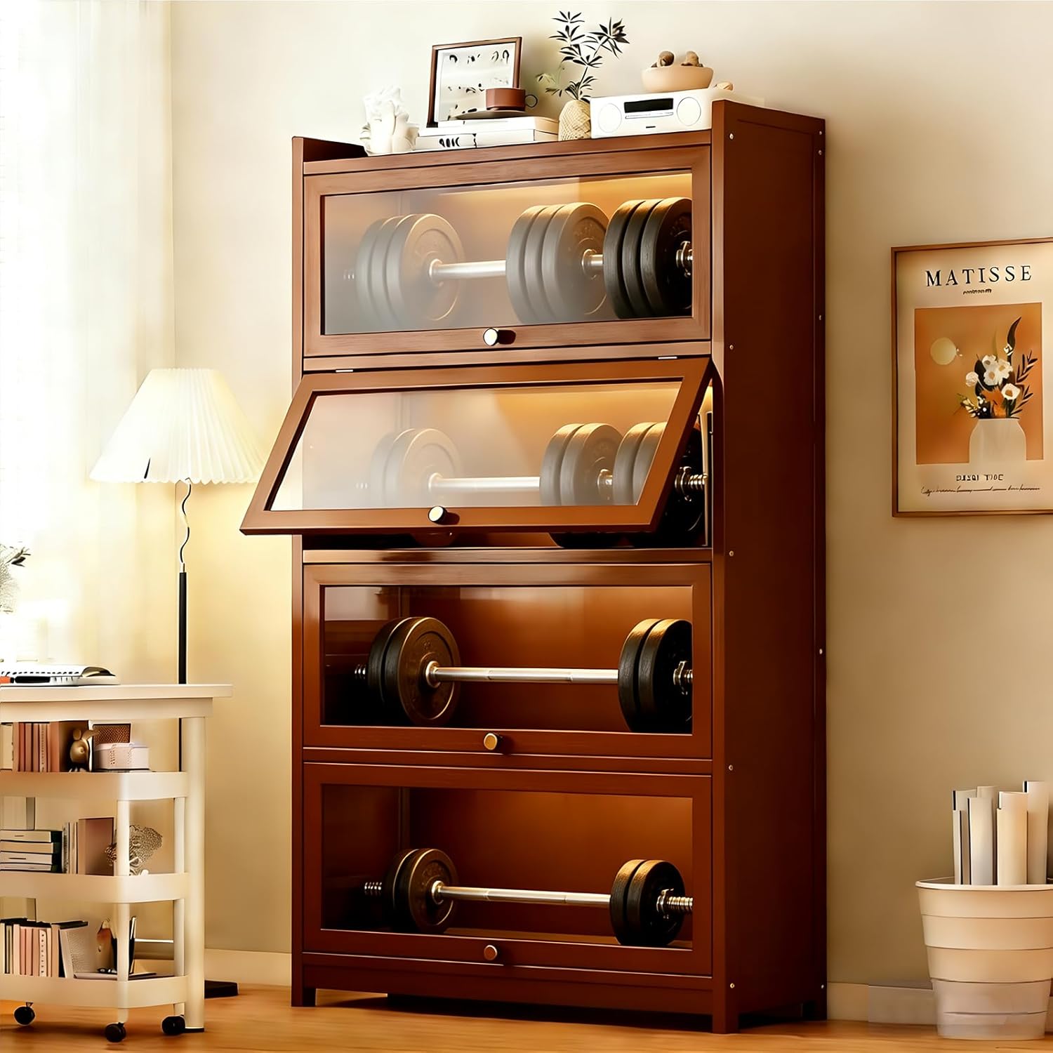 Bamboo Bookshelf with Acrylic Doors, 4-Tier Tall Bookcase with Flip-Up Doors, Freestanding Display Cabinet for Living Room/Study, Brown