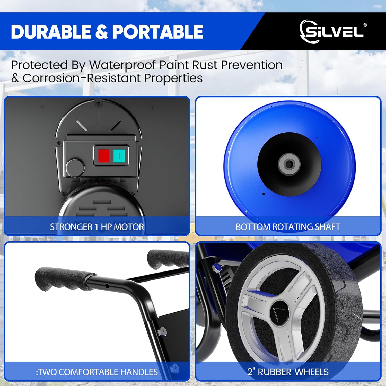 SILVEL Concrete Mixer 5.3 Cu.Ft. – 750W 1HP Cart-mounted Electric Cement Mixer, Heavy Duty Power Cement Mixing Machine for Mortar, Stucco and Fodder, Blue