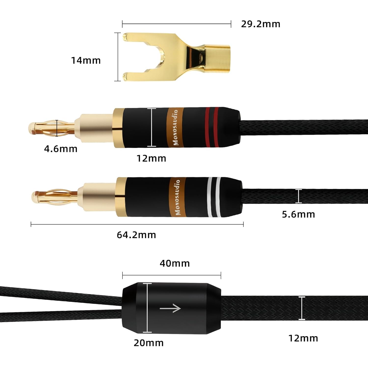 Monosaudio 12 Gauge Speaker Cable Pair Speaker Wire with Banana Plugs/Y Spade Connectors Convertible Gold Plated OFC Copper for Amplifier/Speakers/AV Receiver/Home Stereo Sound Systems(2.5M/8.2Ft)