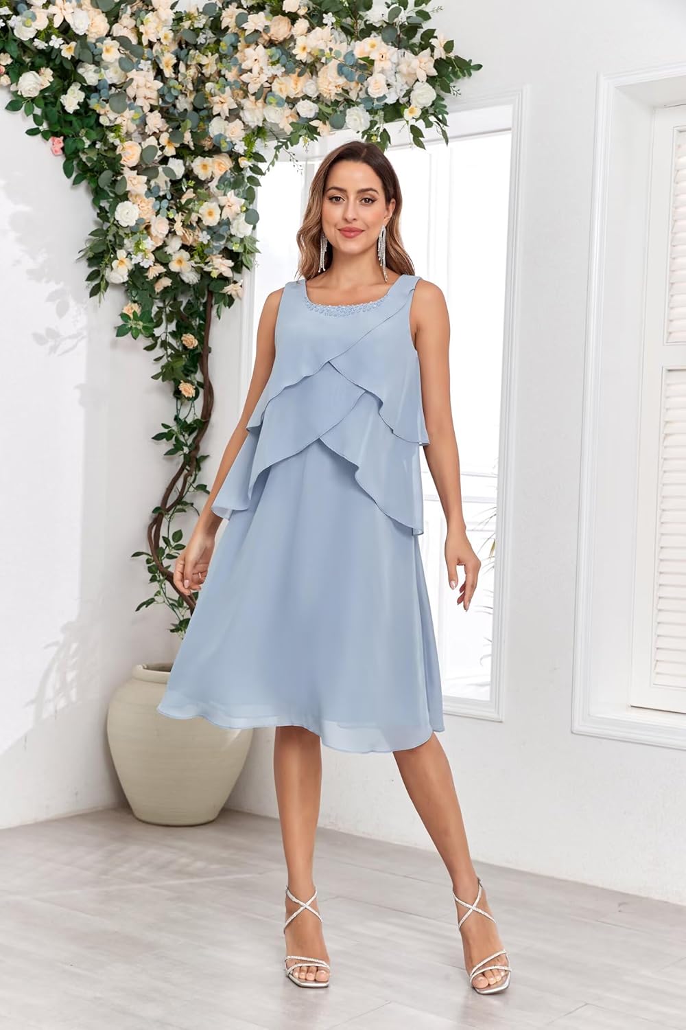 POMUYOO 2 Piece Mother of The Bride Dresses for Wedding Beaded Chiffon Tiered Formal Dress with Jacket