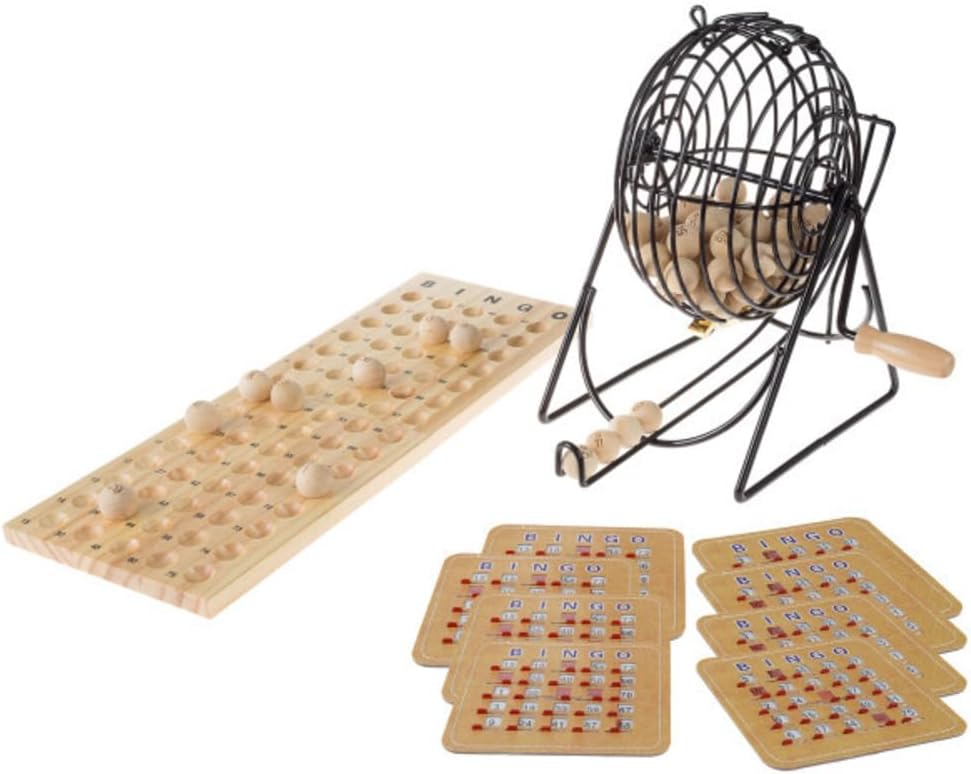 Deluxe Bingo Game with Accessories, Metal Ball Spinner, Wooden Bingo Balls & Board & Shutter Cards for Adults, Boys and Girls by Hey! Play!