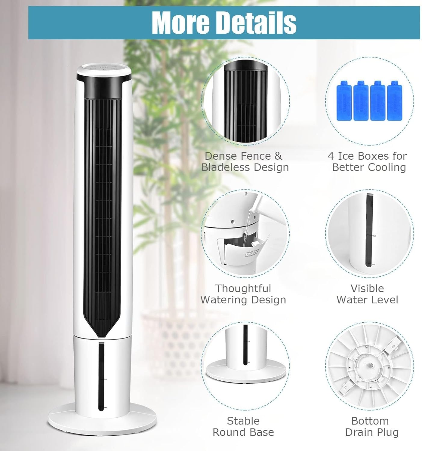 KOTEK 3 in 1 Evaporative Air Cooler, 41” Portable Cooling Tower Fan w/ 70°Oscillation, 4 Ice Packs & Water Tank, 3 Speeds & Cooling Modes, LED Display, 9H Timer, Remote Control for Bedroom Home Office