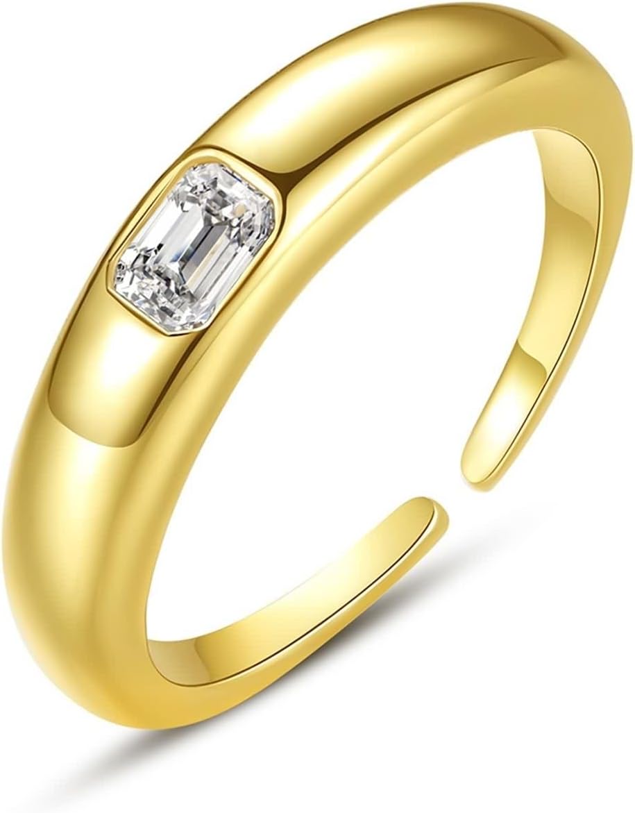 18K Yellow Gold Rings, Women Ring Lab Diamond Rectangle Gold Statement Band Gift for Wife