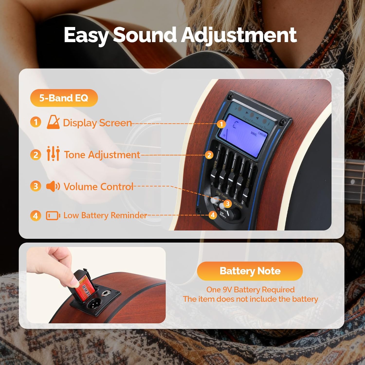 GLARRY 36in Acoustic Electric Guitar Beginner Kit with 15W Amp, 5-band EQ Dreadnought Design 6 Strings Electric Acoustic Guitar with Bag, Strap, Picks, Strings, Wrench (Black)