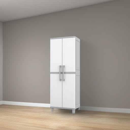 Keter Storage Cabinet with Doors and Shelves for Laundry Room, Garage, Bathroom Accessories, Closet and Home Organization, White & Grey