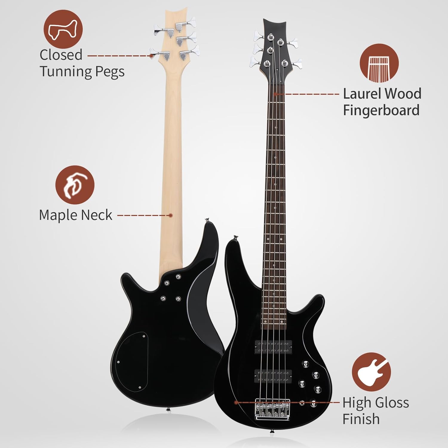 Ktaxon 5 String Electric Bass Guitar, Full Size Standard Right Handed Rosewood Fretboard Bass Kit with Gig Bag Strap Cable Wrench Tool (Upgraded Black)