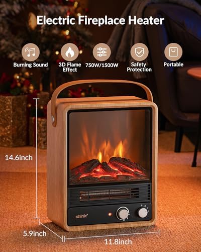 Shinic Electric Fireplace Heaters for Indoor Use,1500W Space Heater with Crackling Sound & 3D Realistic Flame, Safety Protection, Portable Fireplace Heater for Home Office Christmas Decoration, Oak