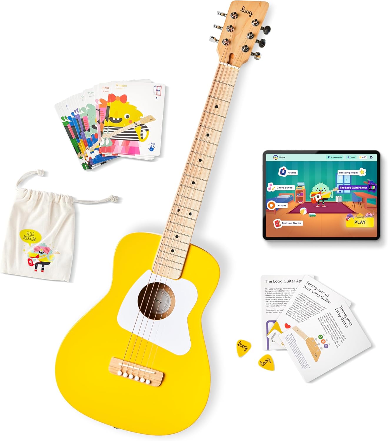 Loog Pro VI Acoustic kids real guitar for Beginners Compact size Ages 9+ Learning app and Lessons included Yellow