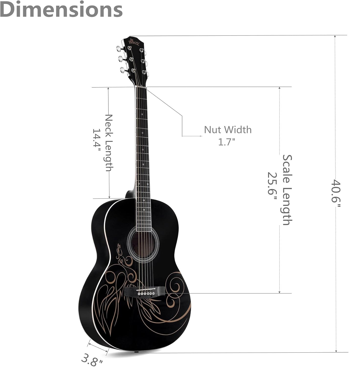 WINZZ AF227A 39 Inches Concert Acoustic Acustica Guitar with Full Kit, Rock Skull