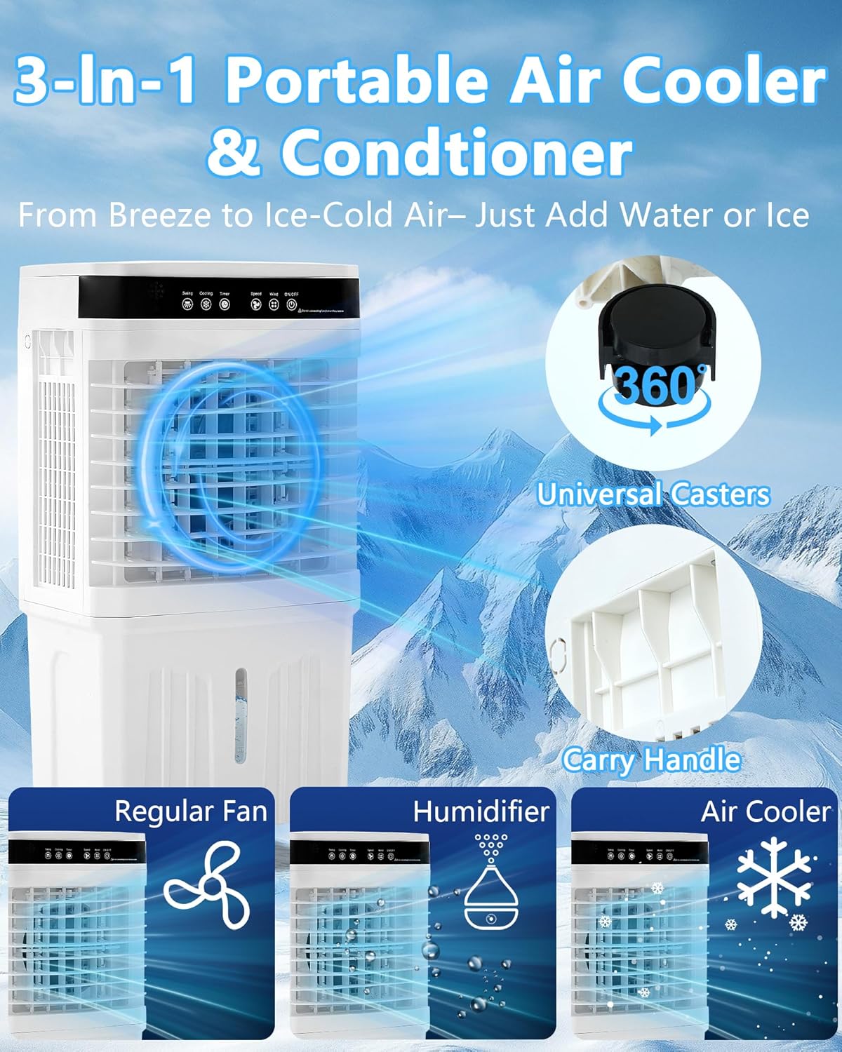Portable Air Conditioner for Home Office Outdoor, Portable Evaporative Swamp Cooler with 3Gal Water Tank, 120°Oscillation Cooling Fan with Remote 2 Modes, 3 Speeds, 12H Timer & 4 Ice Packs