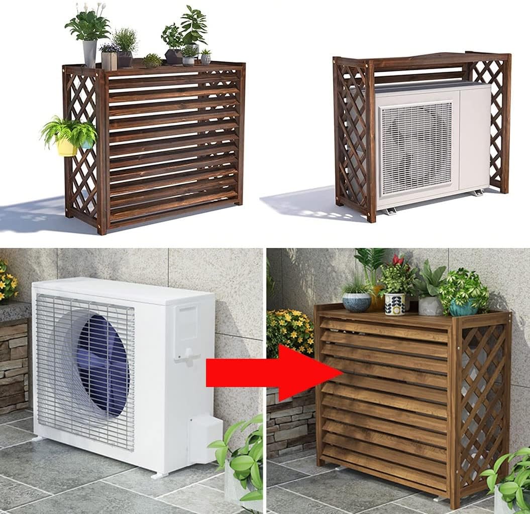 Air Conditioner Cover for Outside Units, Solid Wood Air Conditioning Flower Rack, Privacy Outdoor Screen, Louvered Plant Shelf for Balcony Garden Outdoor 103 * 44 * 93Cm