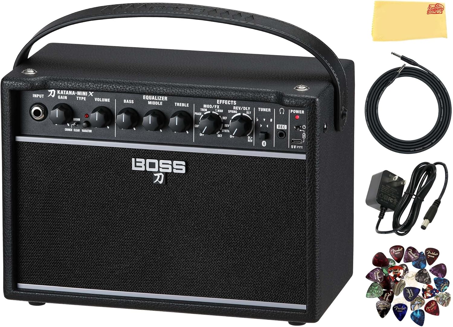 Boss Katana-Mini X 10-Watt 1x5-Inch Portable Guitar Amplifier Bundle with Gearlux Power Supply, Instrument Cable, Austin Bazaar Exclusive 24-Pack Picks, and Polishing Cloth