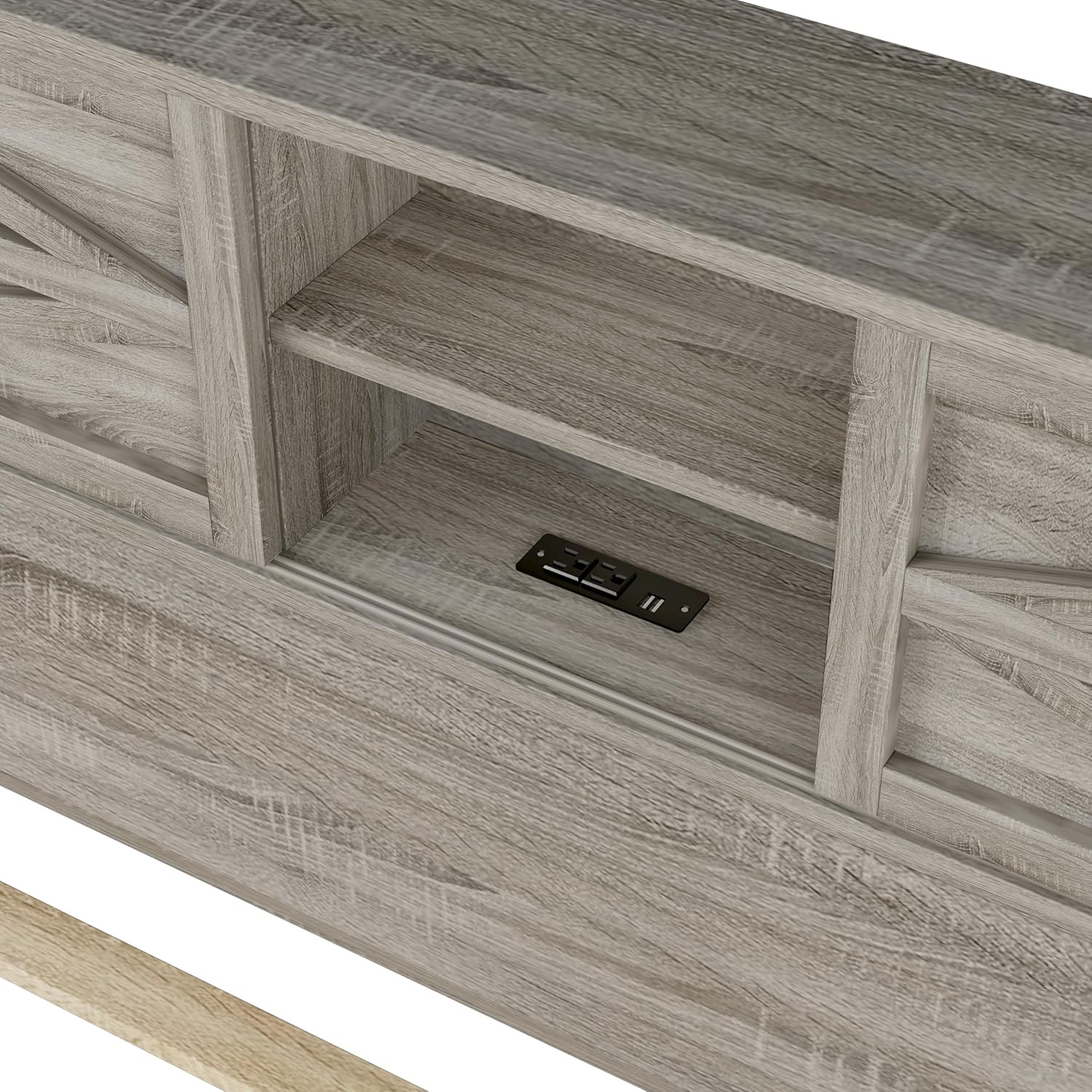 Farmhouse Bed Frame with Storage Headboard and Charging Station, Wood Queen Bed Frame with Sliding Doors, Farmhouse Platform Bed with USB Ports Antique Gray (Product H)