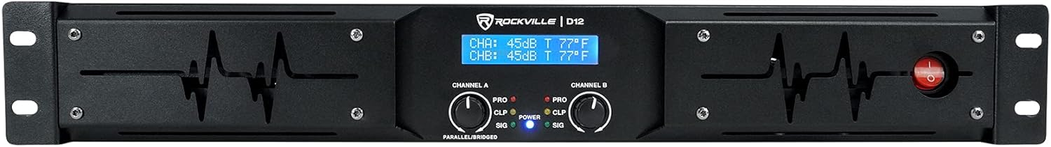 Rockville D12 5000W Peak/1400W RMS 2-Channel Class D Amplifier, LCD Display, Crossover Switch, Rack-Mountable, 4/8 Ohm Power Output, for DJs and Live Sound