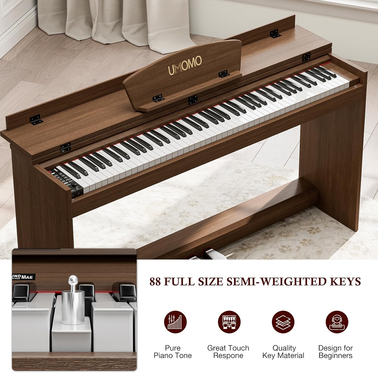 UMOMO U-710 88 Key Digital Piano Keyboard, Full Size Electric Piano with Piano Stand, Headphone Jack, 3 Pedal, Electronic Piano for Beginner, Adults, Walnut